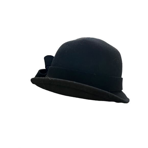 Kate Landry Womans Cloche Hat Black Boho Bow Accent 100% Wool Retro - Picture 1 of 9